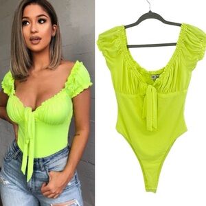 Tic Toc Neon Yellow Green Bodysuit Puff Sleeves Coquette Babydoll Rave Top M